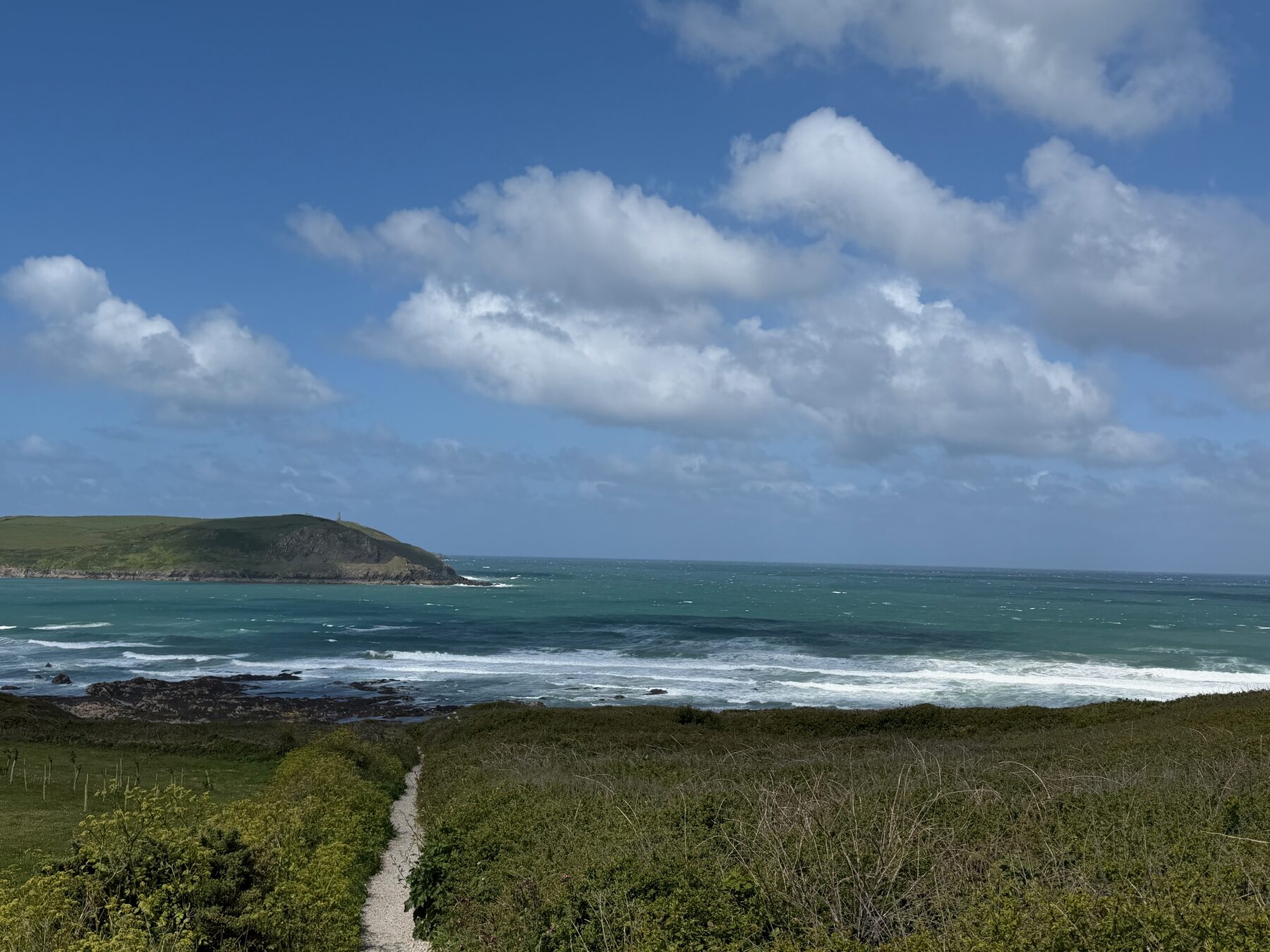 A coastal path leading down through grasses to the sea, with a headland in the distance.